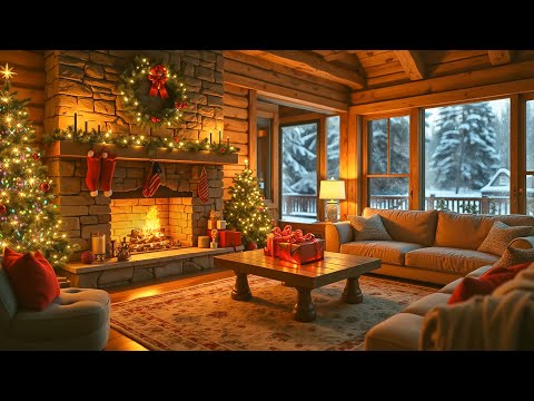 Instrumentals Christmas Jazz Music 2025 🎅 Warm Fireplace at Cozy Winter Cabin Room Ambience to Relax