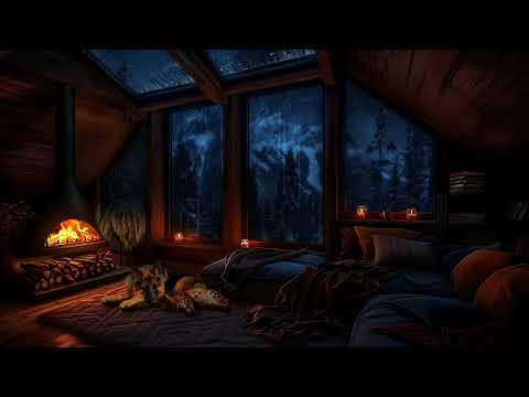 Cozy Attic Living Room with Thunderstorm, Rain Sounds, and Crackling Fireplace