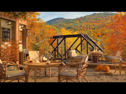 🍂 4K Cozy Autumn at Outdoor Coffee Shop Ambience - Warm Jazz Music for Study/Work to