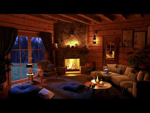 Rainy Evening with Crackling Fireplace in a Cozy Log Cabin - Cozy Ambience to Relax, Sleep or Learn