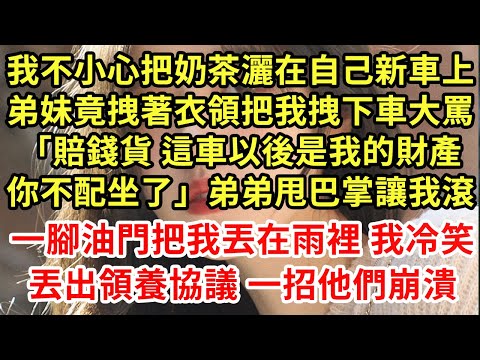 我不小心把奶茶灑在自己新車上，弟妹竟拽著衣領把我拽下車大罵「賠錢貨 這車以後是我的財產你不配坐了」弟弟甩巴掌讓我滾一腳油門把我丟在雨裡 我冷笑丟出領養協議 一招他們崩潰#為人處世#養老#中年#情感故事