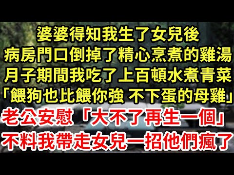 婆婆得知我生了女兒後,病房門口倒掉了精心烹煮的雞湯,月子期間我吃了上百頓水煮青菜「餵狗也比餵你強 不下蛋的母雞」老公安慰「大不了再生一個」不料我帶走女兒一招他們瘋了#為人處世#養老#中年#情感故事