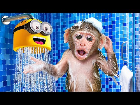 KiKi Monkey bathing in the toilet with DIY Craft Minion Toys in Despicable Me 4 | KUDO ANIMAL KIKI