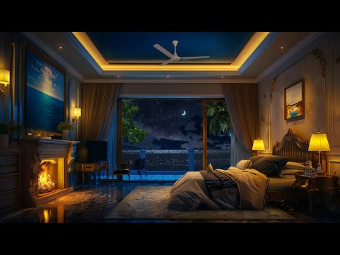 Nighttime Ocean Waves 🌙 Cozy Island Retreat with Crackling Fire & Soothing Waves for Sleep