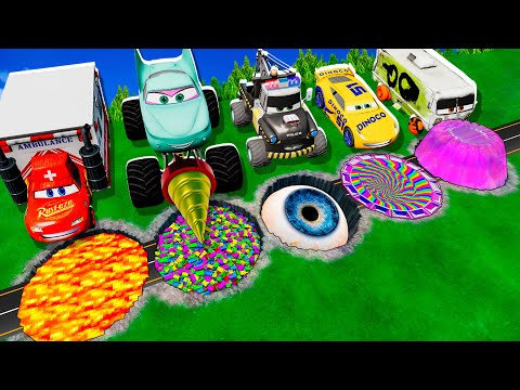 Mega pits with McQueen and Pixar Cars Vs Big & Small Lightning McQueen! BeamNG Drive Battle!