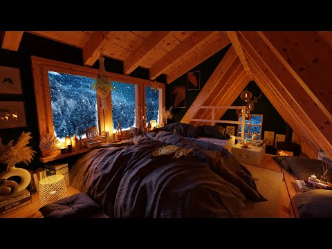 Cozy Winter Hut with Howling Wind, Snowfall & Crackling Fireplace - Relax, Sleep, Study