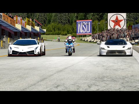 Yamaha YZF-R1 2008 vs Lamborghini Venevno vs Ferrari Daytona SP3 at Old SPA