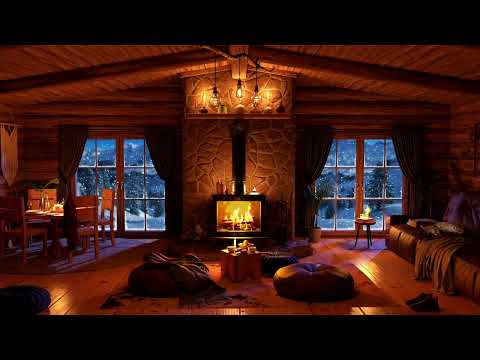 Crackling Fireplace and Snowstorm Outside in a Cozy Log Cabin - Windsounds and Firesounds