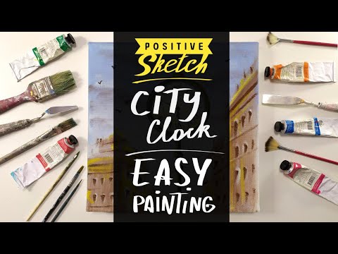 Cityscape painting, City Clock, Acrylic paintingfor beginners