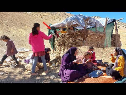 "Building the house of dreams: mother and three children in the forest looking for shelter"