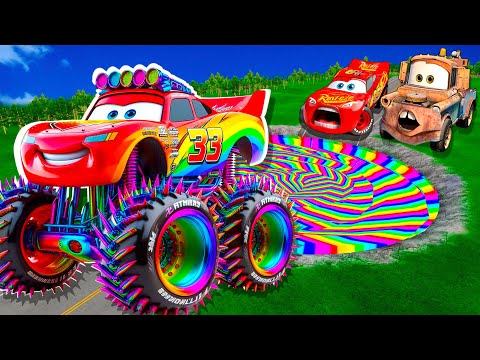 Rainbow Pit Transform In Big & Small:McQueen  & Mater Police vs  Pixar Cars! Beam.NG Drive!