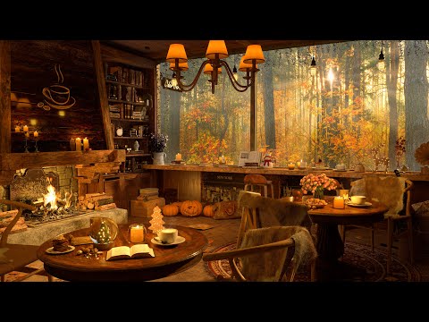 Autumn Cozy Coffee Shop Ambience 4K 🍁Piano Jazz Music for Relaxing, Studying and Working