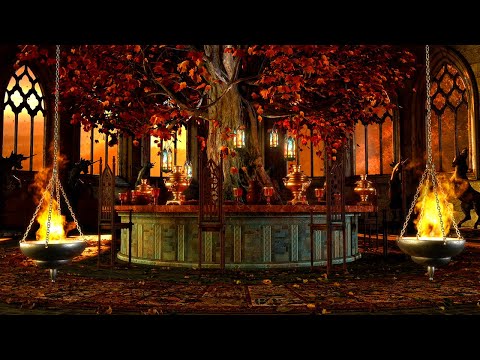 Autumn Cozy Fantasy Café Ambience | Relaxing Crackling Fire Sounds | Fall Café