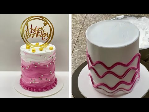 pink and white birthday cake || easy cake birthday decoration ..