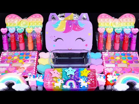 Unicorn Rainbow Slime Mixing Eyeshadow,Glitter & Random things into slime #asmr #satisfyingslime