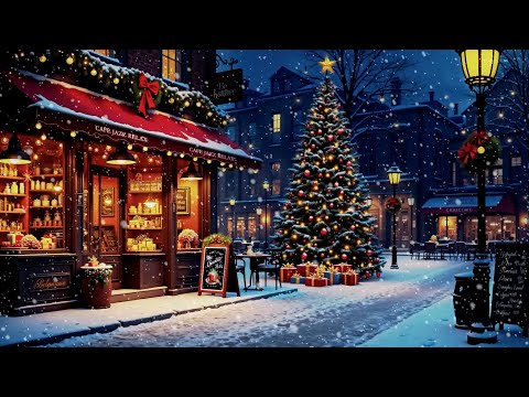 Warm Christmas Coffee Shop in the Snowy Night View 🎄 Relaxing Christmas Jazz Music