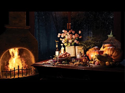 Autumn Cottage Kitchen Ambience | Autumn Cooking Sounds, Cozy Fireplace & Rain Sounds,