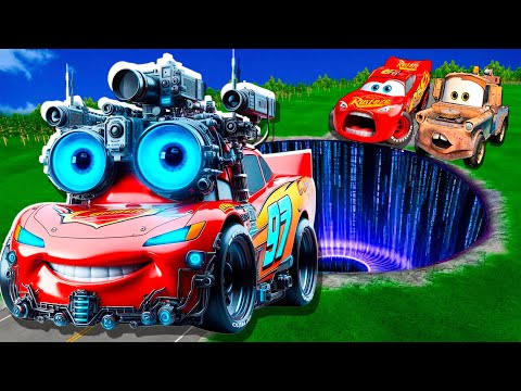 Portal Pit Transform In Сyborg Lightning McQueen & Big & Small Pixar Cars! Beam.NG Drive!