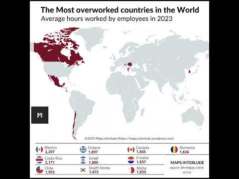 The most overworked countries in the world! #map #world #countries #overworked #youtubeshorts