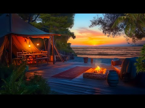 Peaceful Coastal Space in Sunset | Warm Campfire by the Beach, Beautiful Birdsongs for Relaxation