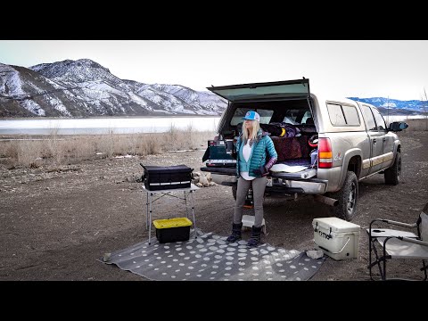 WINTER TRUCK CAMPING AT AN ICY MOUNTAIN LAKE | Solo Truck Camping | Van Life