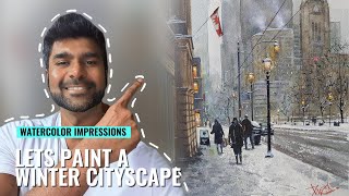 Easy winter cityscape painting with watercolors for beginners