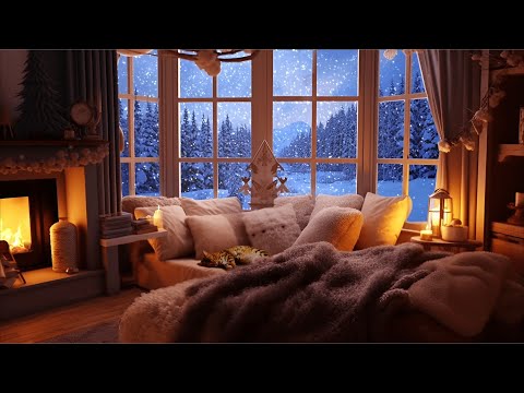 Snowfall, Howling Wind & Crackling Fire with a Beautiful Winter Nature View -  Relax, Sleep, Study