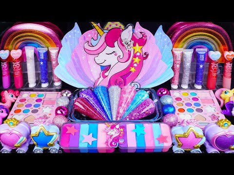 Galaxy Unicorn Slime Mixing Eyeshadow,Glitter & Random things into slime #asmr #satisfyingslime