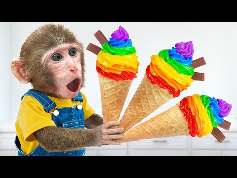 KiKi Monkey discover Rainbow Ice Cream challenge with Ducklings at swimming pool | KUDO ANIMAL KIKI