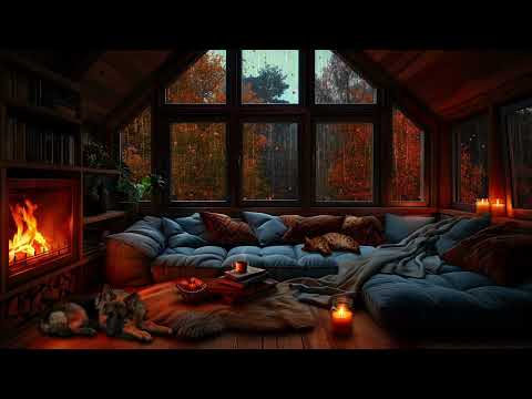 Autumn Rain in Cozy Attic with Crackling Fireplace and Sleeping Pets