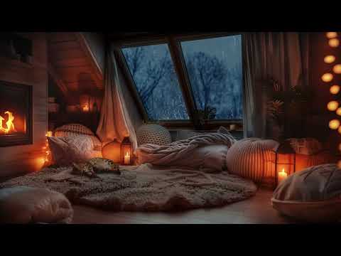 Rainy Attic Retreat - Cozy Space with Sleeping Cat and Fireplace