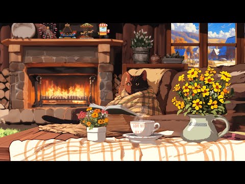 Lofi With My Cat || Cozy Fireplace 😽🔥lofi fireplace - lofi winter ❄️🎵 Sleep, Relax, Study, Chill