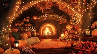 Cozy Autumn Night in a Pumpkin Wonderland | Relaxing Fireplace Sounds for a Magical Fall Evening 🎃