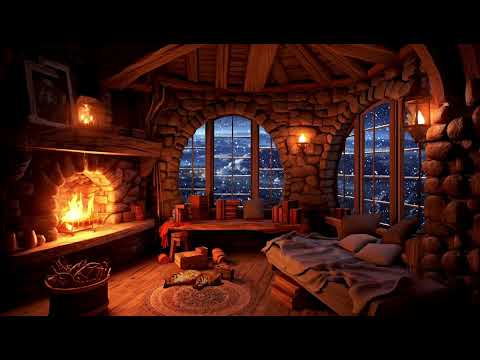 Wind, Snow and Crackling Fireplace in a Cozy Castle Tower Room - Cozy Ambience for Sleep & Relax