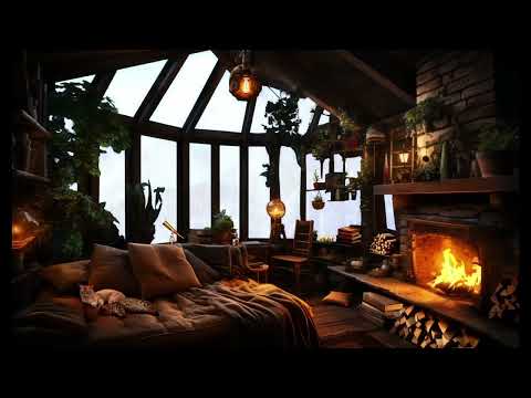 Rain in Cozy Cabin with Warm Fireplace and Gentle Rain on Lakeside to Relaxation, Study and Sleeping