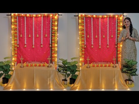 simple & Easy lakshmipuja backdrop decoration ideas using saree / festival decoration ideas