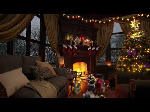 Cozy Christmas Cabin Ambiance | Crackling Fireplace with Snow & wind sounds | 8 Hours