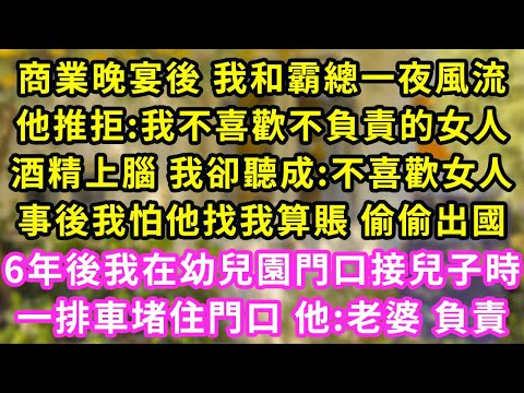 晚宴後 我和霸總一夜風流，他推拒:我不喜歡不負責的女人！酒精上腦 我卻聽成:不喜歡女人，事後我怕他找我算賬 偷偷出國，6年後我在幼兒園門口接兒子時，一排車堵住門口 他:老婆負責#甜寵#灰姑娘#霸道總裁