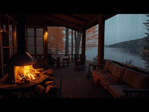 Serene Night on a Cabin Porch | Rain and Fireplace Ambience for Sleep