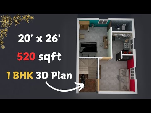 20 x 26 - 520 sqft house plan | 1bhk 3d plan design | non vastu house plan