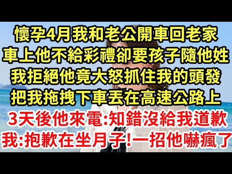 懷孕4月我和老公開車回老家，車上他不給彩禮卻要孩子隨他姓，我拒絕他竟大怒抓住我的頭發，把我拖拽下車丟在高速公路上，3天後他來電:知錯沒給我道歉，我:抱歉在坐月子!一招他嚇瘋了#為人處世#養老#情感故事