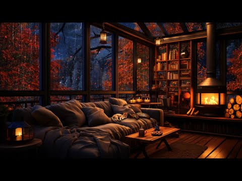 🍂⛈🔥 Autumn Thunderstorm with Lightning and Crackling Fireplace in a Cozy Cabin with large Windows