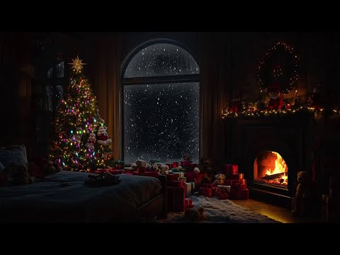 Christmas Atmosphere in Cozy Bedroom | Fire Crackling & Snowstorm for Deep Sleep