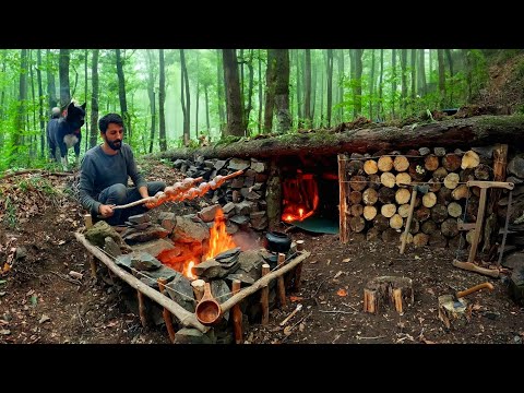 Building a WOOD and ROCK Bushcraft SHELTER for SURVIVAL 3 DAYS. Fireplace, Quail Cooking. Camping