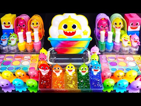 Baby shark rainbow Slime Mixing Eyeshadow,Glitter & Random things into slime #asmr #satisfyingslime