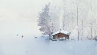 Watercolor painting winter scene using wet-into-wet