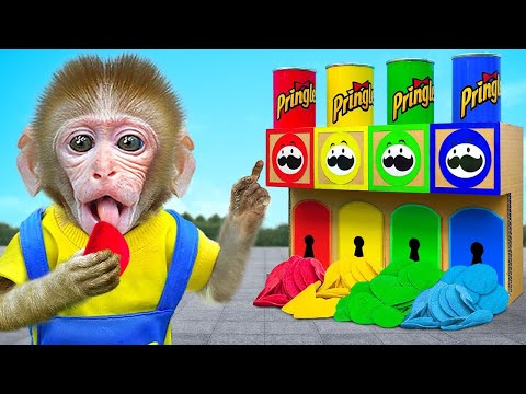 KiKi Monkey discover Four Elements Pringles Potato Chips by Four Colors Challenge | KUDO ANIMAL KIKI