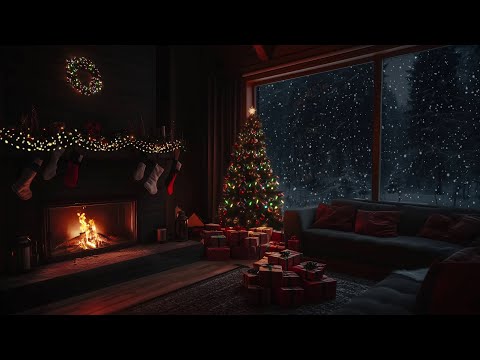 Sleep in a Cozy Cabin🎄Christmas Atmosphere with Fire & Snowstorm Sounds ☃️