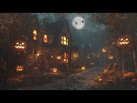 Halloween Horror Pumpkin Village | Heavy Rain and Thunder Sound in Night