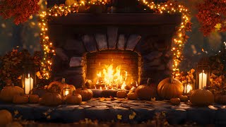 Autumn Cozy Fireplace Ambience🔥Crackling Fire, Pumpkins, Falling Leaves | Thanksgiving ASMR